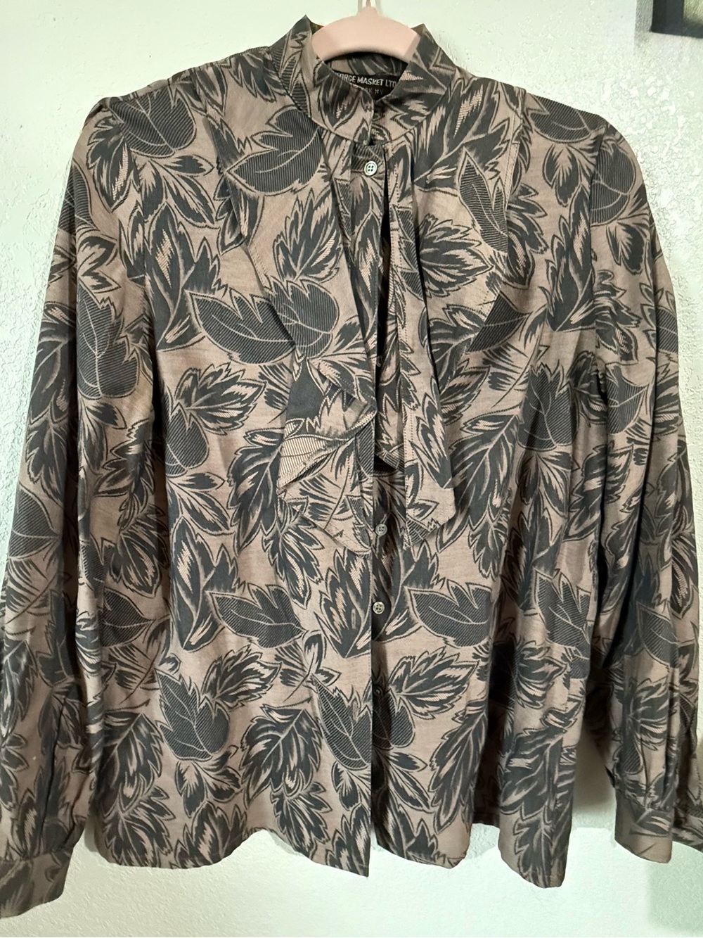 Women’s Tie-Neck Leaf Print Blouse - Taupe/Black - Picture 6 of 6